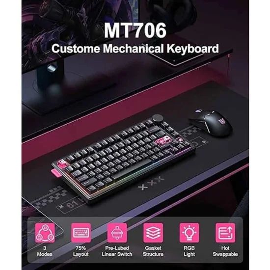Onikuma MT706 Tri Mode RGB Hot Swap (Customizable Linear Switches) Mechanical Gaming Keyboard