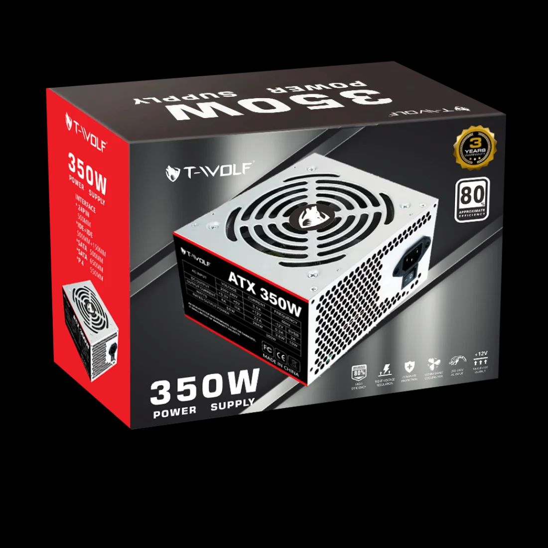 T-wolf ATX 350W Power Supply with power cable