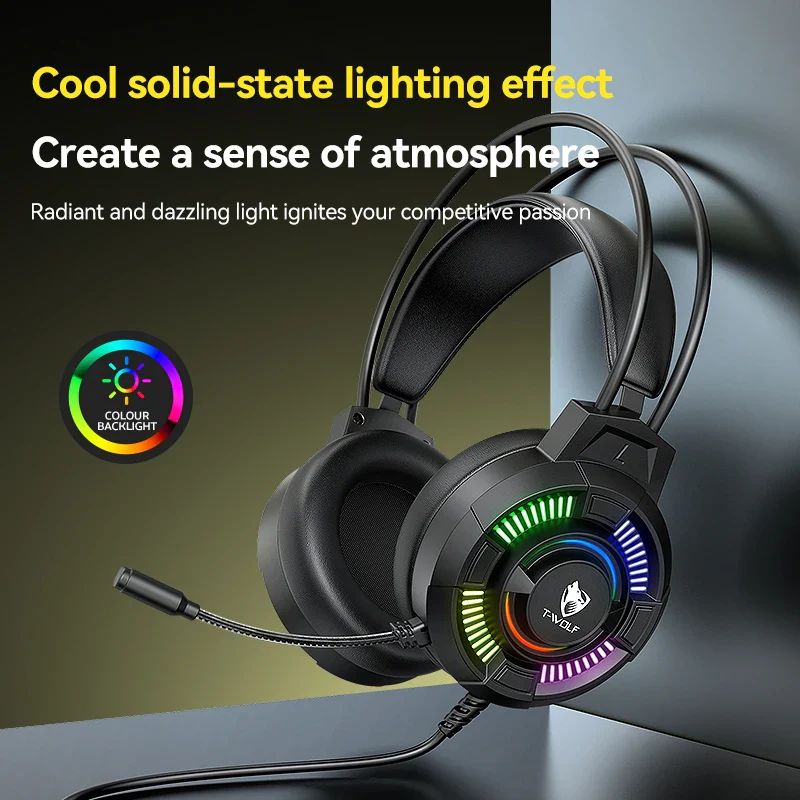 T-WOLF H140 Headphone & Earphone Wired Gaming Glowing on Ear Headphone 7.1 USB Headphone Lighting Headset for Desktop