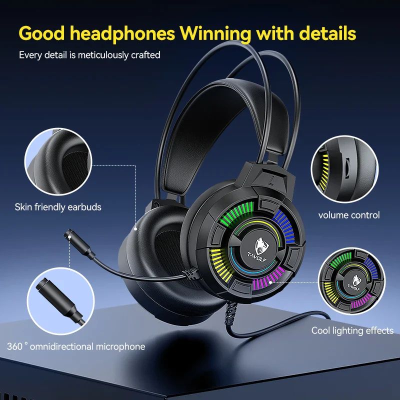 T-WOLF H140 Headphone & Earphone Wired Gaming Glowing on Ear Headphone 7.1 USB Headphone Lighting Headset for Desktop