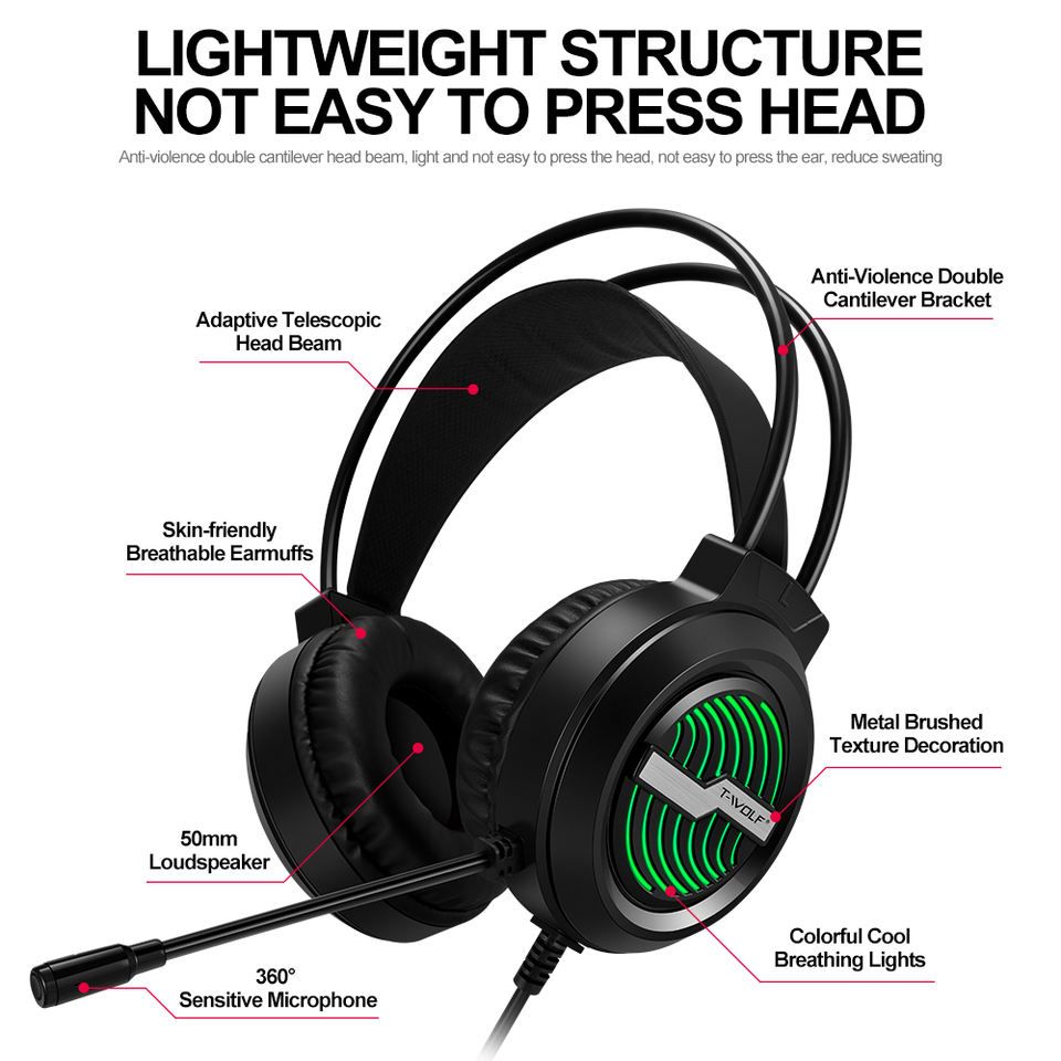 T-WOLF H130 Gaming Headset Headphones 3D Surround Sound Usb Wired Noise Cancelling Auriculares Gamer Gaming Headset